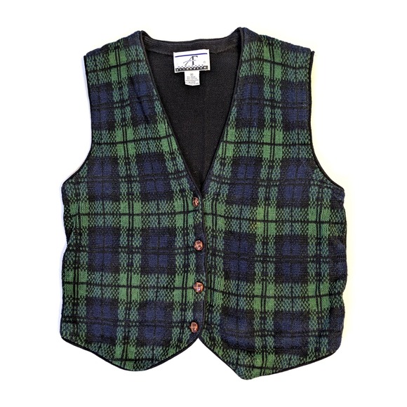 Accordeon Other - Accordeon Vintage Plaid Sweater Vest Green Navy Blue Ramie Cotton Mens Medium